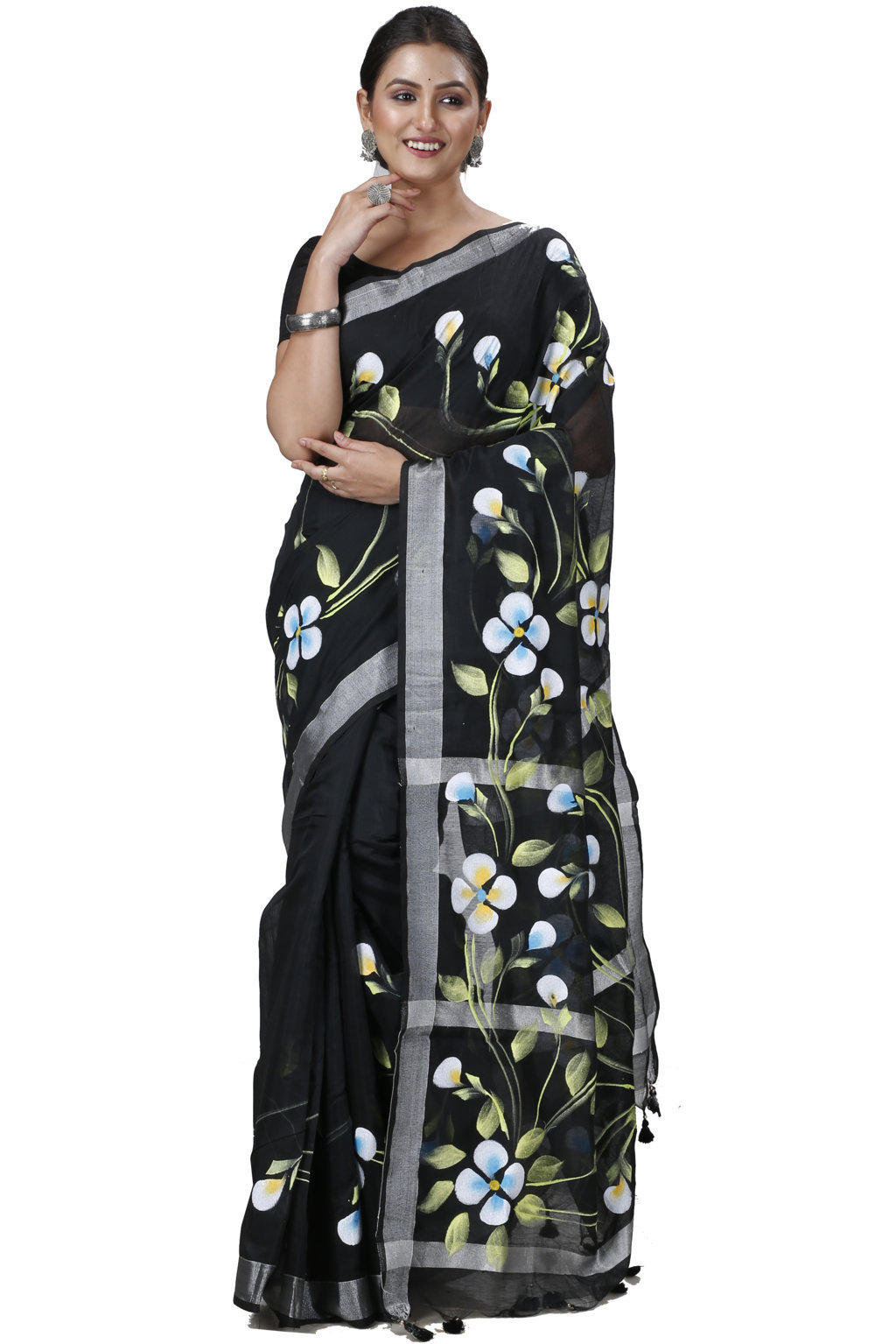 Black Blended Cotton Tonika Hand Painted Saree (1217)